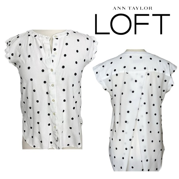 Loft Floral Embroidered Dots Top Cap Sleeve Wrap Pleated Button Up White Navy XS - Picture 1 of 12